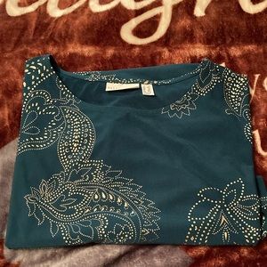 Susan Graver Womens 3/4 sleeve top/ hunter green w gold foil embossed design, 1X